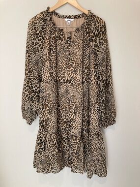 Studio A Leopard Print Peasant Dress - Beige/Tan/Black Sz L 12/14. Lined